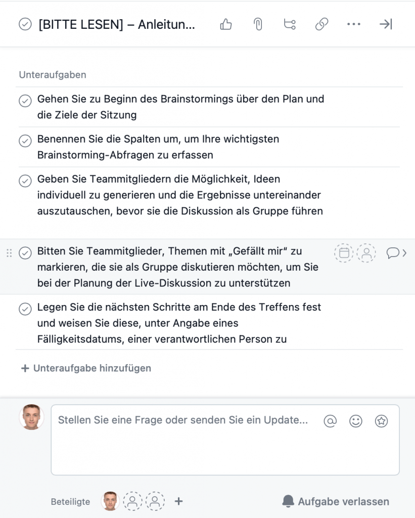 Ausschnitt aus der Aufgabenübersicht in Asana.